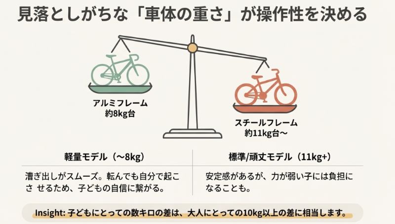 天秤のイラストで自転車の重さを比較している図。アルミフレーム（約8kg台）は軽量で扱いやすく、スチールフレーム（約11kg台〜）は頑丈だが重いことを対比させたスライド。