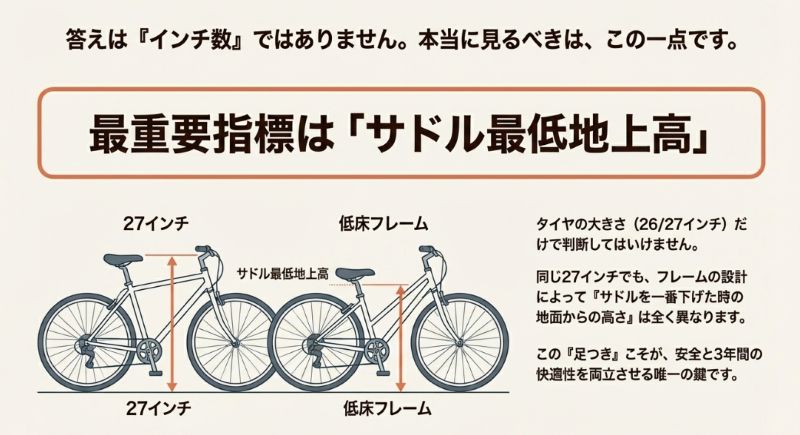通常の27インチフレームと、サドルが低く下がる「低床フレーム」の比較図。同じタイヤサイズでも、フレーム設計によってサドル最低地上高（足つき）が全く異なることを示している。