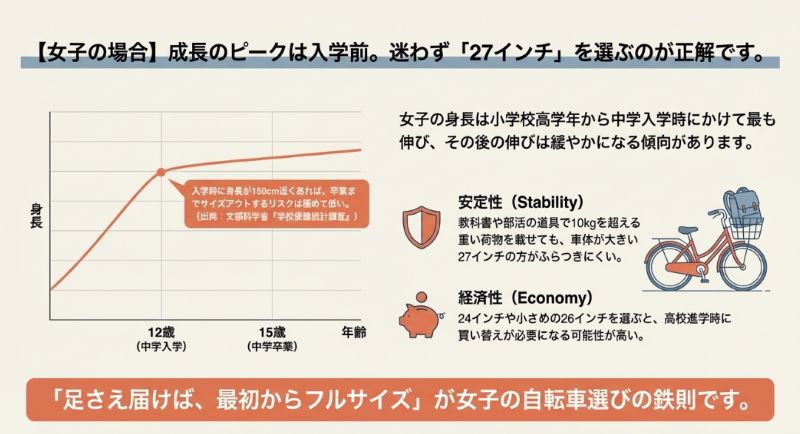 女子の身長の伸びを示すグラフ。中学入学時（12歳）に150cm近くあれば、卒業までサイズアウトのリスクが低いこと、および重い荷物を運ぶ際の安定性について解説している。