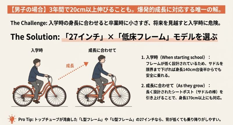 入学時の小柄な男子生徒と、成長して背が伸びた卒業時の様子の比較イラスト。27インチ低床フレームなら、サドルを調整することで身長140cm台から170cm以上まで3年間対応できることを示している。