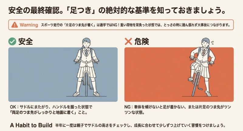 自転車にまたがった時の足つきチェック図。両足のつま先がしっかり地面に着く状態を「安全（OK）」、片足がつま先立ちの状態や車体を傾けないと届かない状態を「危険（NG）」として比較している。