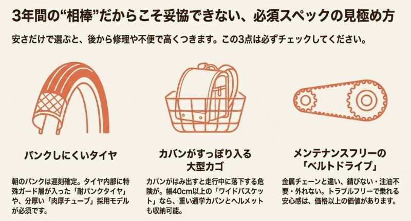 通学用自転車に求められる3つの機能を図解。パンクしにくい「耐パンクタイヤ」、大きなバッグが入る「大型バスケット」、錆びずに外れない「ベルトドライブ」を推奨している。