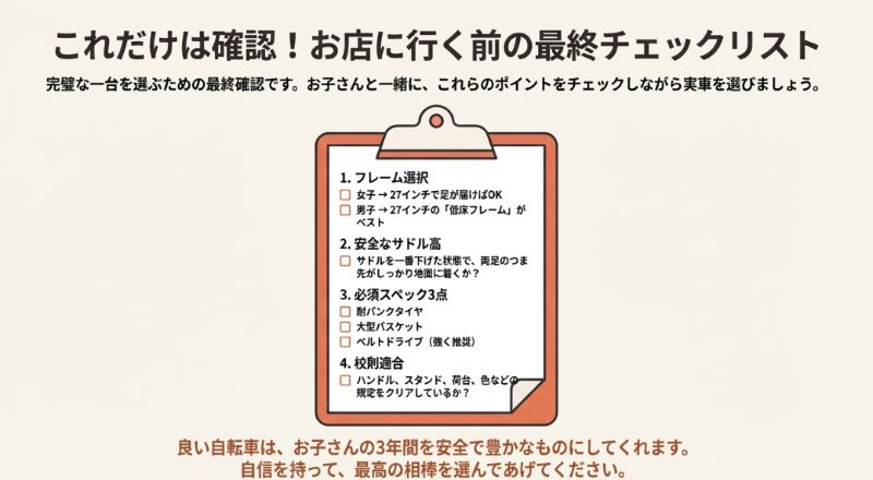 自転車店に行く前に確認すべき4つの項目（フレーム選択、安全なサドル高、必須スペック3点、校則適合）をまとめたクリップボード風のチェックリスト。