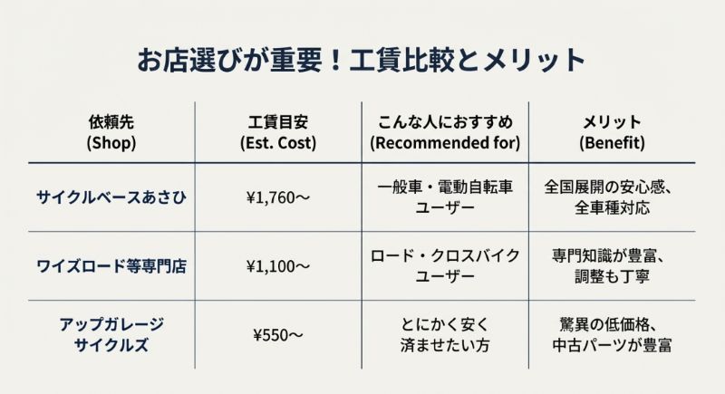 サイクルベースあさひ、ワイズロード、アップガレージサイクルズの3社の工賃、おすすめのユーザー層、メリットを一覧表にまとめたスライド。
