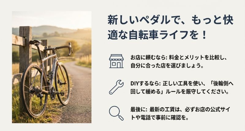 夕暮れの道を走るロードバイクの写真とともに、お店に頼む際とDIYする際それぞれの重要ポイントを復習し、最新工賃の事前確認を促す締めのスライド。