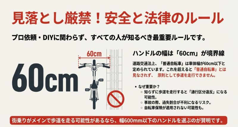 ハンドル幅60cmの境界線を解説するイラスト。60cmを超えると普通自転車ではなくなり、歩道走行が違反になるリスクを説明。