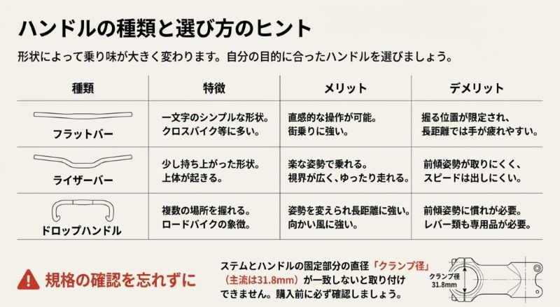 フラットバー、ライザーバー、ドロップハンドルのメリット・デメリット比較表と、規格(クランプ径31.8mmなど)の確認についての注意。