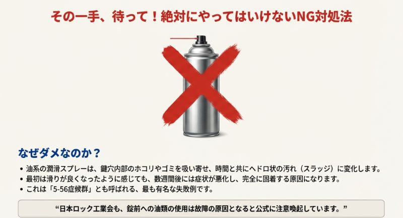 潤滑スプレーに大きな赤い「×」印がついた画像。油がホコリを吸い寄せ、ヘドロ状の汚れ（スラッジ）に変化して固着する「5-56症候群」への注意喚起。
