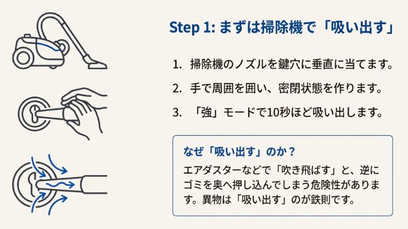 掃除機のノズルを鍵穴に当て、手で密閉して吸い出すイラスト。エアダスターで吹き飛ばすとゴミが奥に押し込まれるため、「吸い出す」のが鉄則であると解説。
