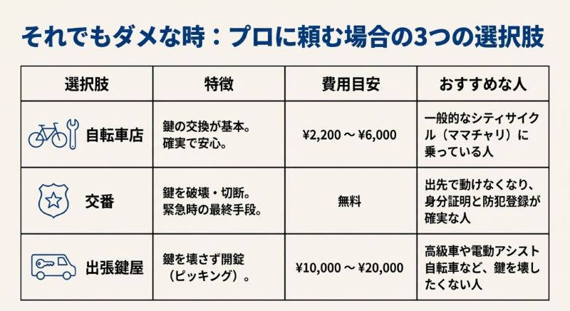 自転車店（交換2,200円〜）、交番（切断・無料）、出張鍵屋（開錠10,000円〜）の費用、特徴、おすすめな人をまとめた比較表。