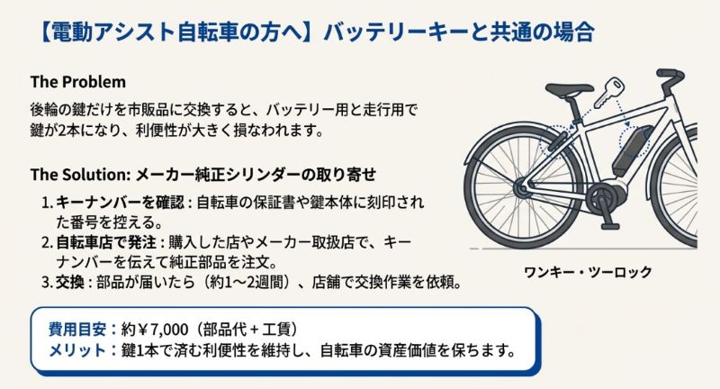 電動アシスト自転車のイラスト。キーナンバーを確認してメーカー純正シリンダーを発注し、1本の鍵でバッテリーと後輪の両方を使える利便性を守る手順。