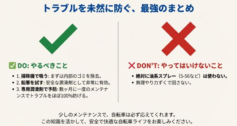 やるべきこと（掃除機、鉛筆、専用潤滑剤）とやってはいけないこと（油系スプレー、力ずく）をまとめたチェックリスト。