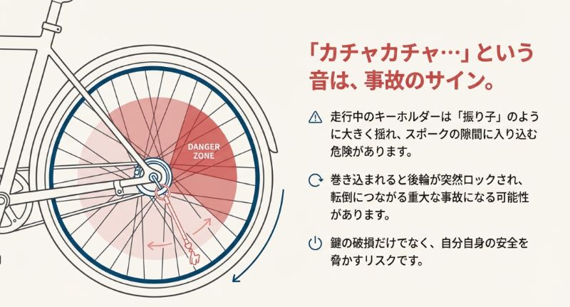 自転車の後輪部分が赤く「DANGER ZONE」と強調され、走行中に振り子のように揺れるキーホルダーがスポークに近づく危険性を示すイラスト