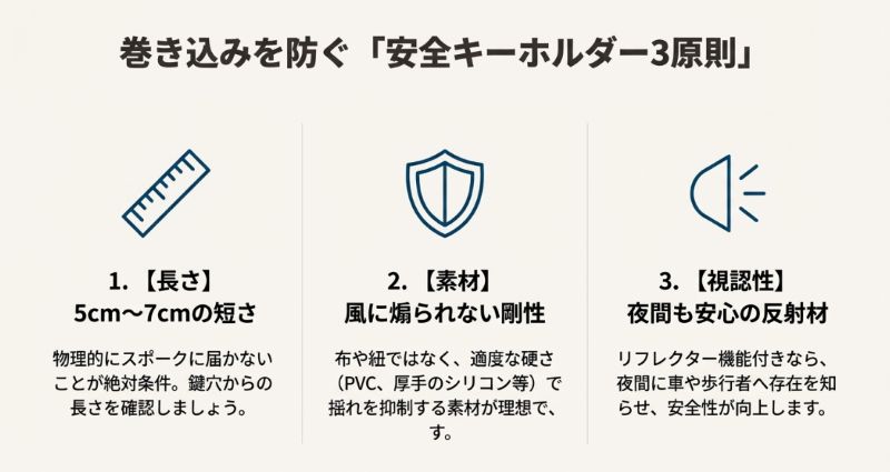長さ（5〜7cm）、素材（剛性）、視認性（反射材）の3つのポイントを、定規・盾・ライトのアイコンで説明したスライド