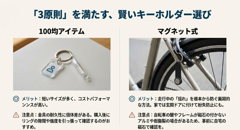 100均のショートタイプとマグネット式それぞれのメリット（コスパ、揺れ防止）と注意点（金具の耐久性、素材の適合性）をまとめたスライド