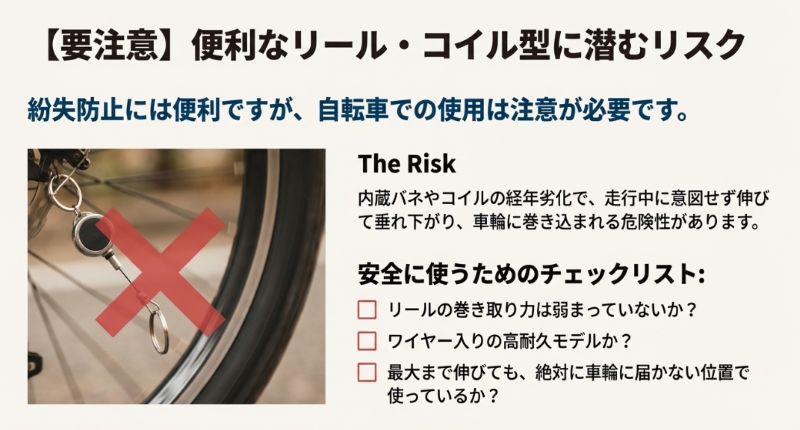 赤いバツ印とともにリール型キーホルダーが伸びる様子が描かれ、巻き取り力や車輪までの距離を確認するチェックリストが添えられたスライド