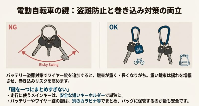 重い鍵束をそのまま使う「NG（Risky Swing）」例と、走行用キーを単独にして他はバッグへ保管する「OK」例を比較したイラスト