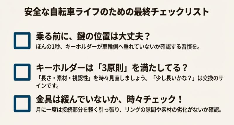 「乗る前に位置を確認」「3原則の見直し」「金具の緩みチェック」の3項目をまとめた最終確認用スライド