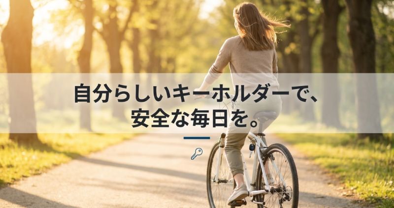 「自分らしいキーホルダーで、安全な毎日を。」というメッセージが書かれた結びのスライド