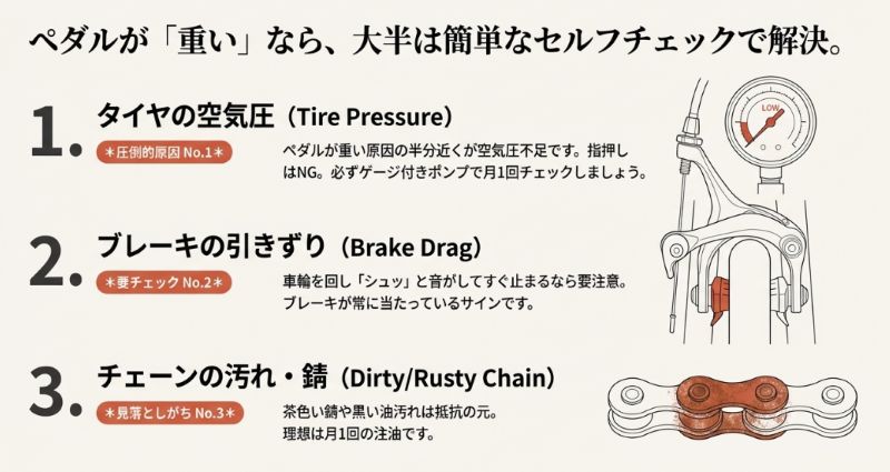 1.タイヤの空気圧不足（ゲージ付きポンプのイラスト）、2.ブレーキの引きずり（ブレーキ周りのイラスト）、3.チェーンの汚れ・錆（錆びたチェーンのイラスト）を解説するスライド。