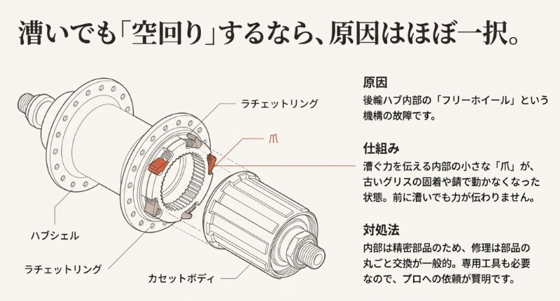 後輪ハブ、ラチェットリング、カセットボディの分解図。内部の「爪」が古いグリスや錆で固着し、空回りする仕組みを説明している図解。