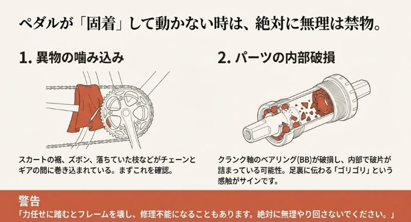 布がギアに巻き込まれているイラストと、ボトムブラケット（BB）内部のベアリングが破損しているイラスト。力任せに踏むとフレームを壊す可能性があるという警告文。