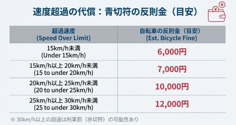 超過速度に応じた自転車の反則金目安表。15km/h未満は6,000円、25km/h以上30km/h未満は12,000円など。30km/h以上の超過は刑事罰(赤切符)の可能性がある旨の注釈。
