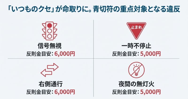 信号無視(反則金6,000円)、一時不停止(5,000円)、右側通行(6,000円)、無灯火(5,000円)のアイコンと反則金の目安。