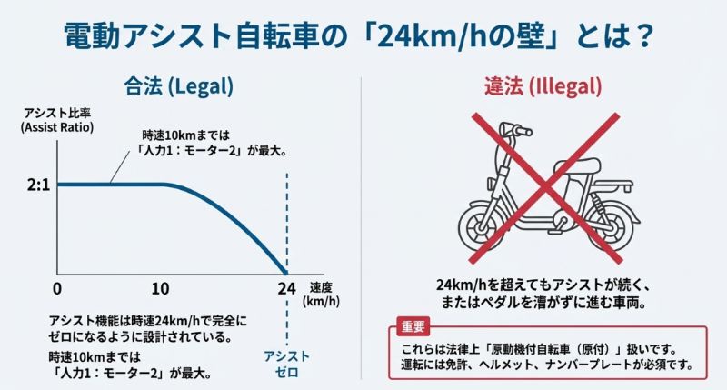 アシスト比率のグラフ。「24km/hでアシストがゼロになる」のが合法な自転車。24km/hを超えてもアシストが続く、または漕がずに進むものは「原付」扱いとなり免許等が必要であるという警告。