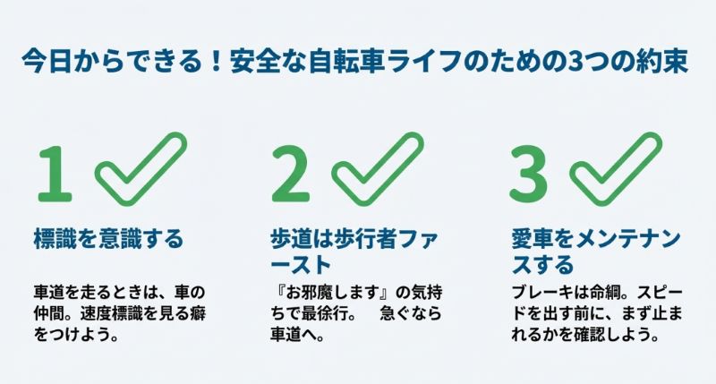 1.標識を意識する、2.歩道は歩行者ファースト、3.愛車をメンテナンスするという3つのポイントを、イラストとチェックマークで分かりやすく提示。