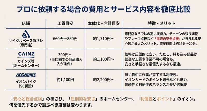 サイクルベースあさひ、カインズ、イオンバイクの300円〜1,100円程度の工賃目安と、それぞれのメリット(点検・安さ・利便性)を比較した表。