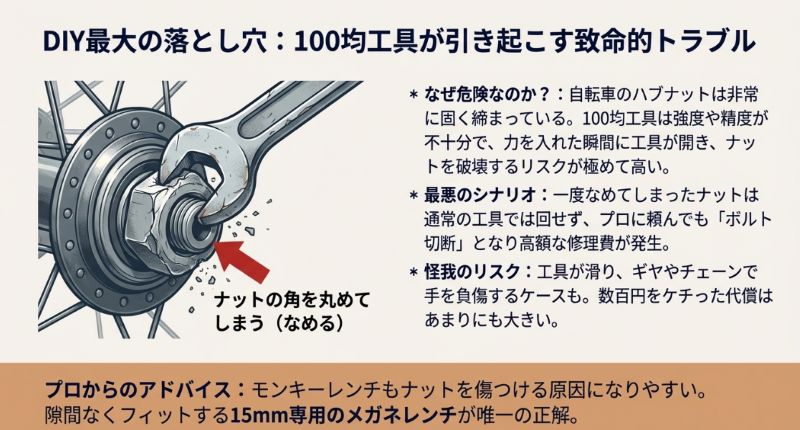 強度不足の工具が滑り、自転車のハブナットの角が丸まって壊れてしまう(なめる)危険な状態を描いた説明図。