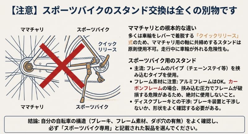 クイックリリースレバーを持つスポーツバイクには、ママチャリ用の軸共締めスタンドは使えないことや、カーボンフレームの破損リスクを警告する画像。