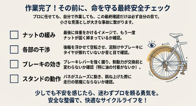 ナットの緩み、泥除けなどの干渉、ブレーキの効き、スタンドの動作の4項目を、自分自身の目で確認することを促す安全チェック項目。