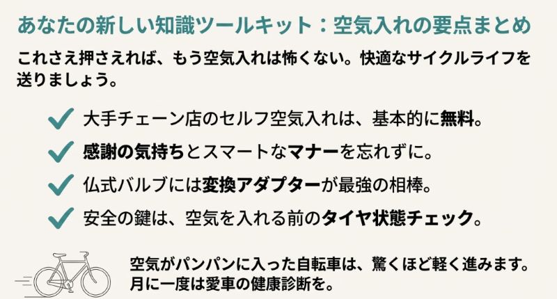 大手は基本無料、マナーの遵守、アダプターの活用、安全点検の重要性をまとめたスライド。