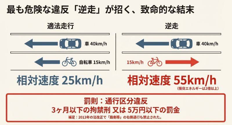 自転車が適法走行した場合と逆走した場合の相対速度を比較した図。逆走時は時速55kmの衝撃になることを示している。