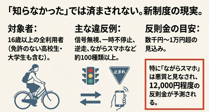 制服を着て自転車に乗る学生のイラスト。対象は16歳以上で、信号無視やスマホ操作などが数千円から1万円超の反則金対象になることを説明した図。