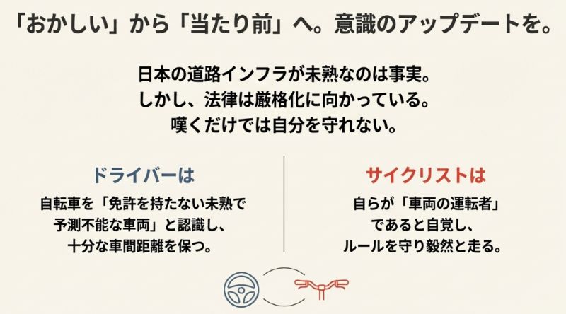 「おかしい」から「当たり前」へ。ドライバーは車間距離を保ち、サイクリストは車両としての自覚を持つよう促すメッセージスライド。