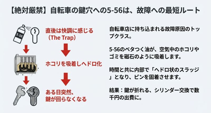 5-56の油がホコリを吸着してヘドロ化し、内部のピンを固着させることで鍵が回らなくなったり折れたりするトラブルを解説するイラスト。