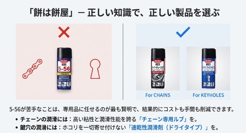 「餅は餅屋」として、チェーンには専用のチェーンルブを、鍵穴には速乾性のドライタイプを使用することで、コストと手間を削減できることを伝える比較スライド。