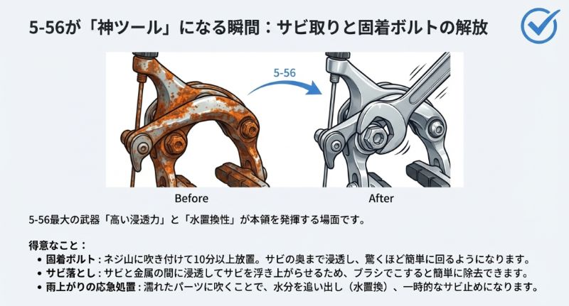 高い浸透力と水置換性を活かし、真っ赤に錆びたブレーキパーツを洗浄したり、固着したネジを緩めたりする Before/After のイメージ画像。