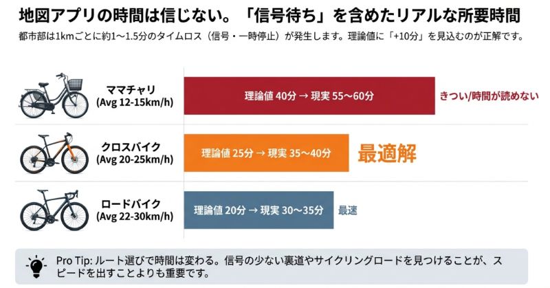 ママチャリ、クロスバイク、ロードバイクの平均時速と現実的な所要時間の比較表。信号待ちを考慮した現実的な時間は、クロスバイクで35〜40分と示されている。
