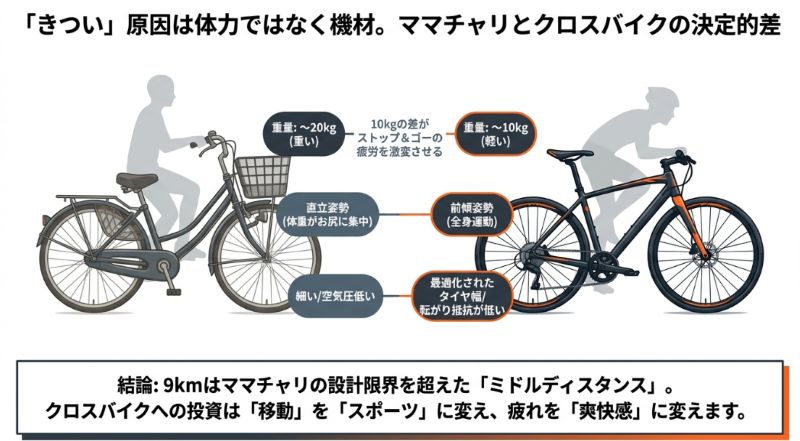 ママチャリ（20kg・直立姿勢）とクロスバイク（10kg・前傾姿勢）の比較図。重量差10kgが疲労に直結することや、前傾姿勢による全身運動のメリットを解説。