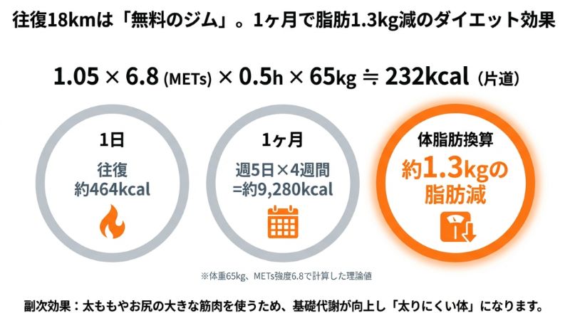 体重65kgの人が往復18kmを走った場合の消費カロリー計算図。1ヶ月で約9,280kcalを消費し、体脂肪換算で約1.3kg減る理論値を示している。