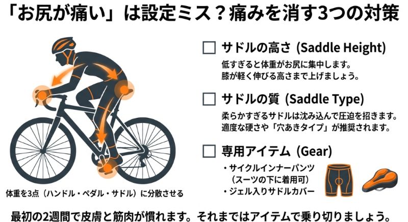 自転車に乗る人物のイラストに、ハンドル・ペダル・サドルの3点に体重を分散させる矢印。サドルの高さ調節や適切なギア（インナーパンツ等）の使用を推奨。