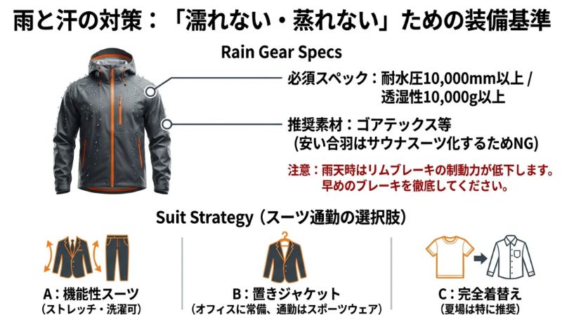 レインウェアの必須スペック（耐水圧・透湿性10,000以上）と、スーツ通勤の3つの選択肢（機能性スーツ、置きジャケ、完全着替え）のアイコン図。