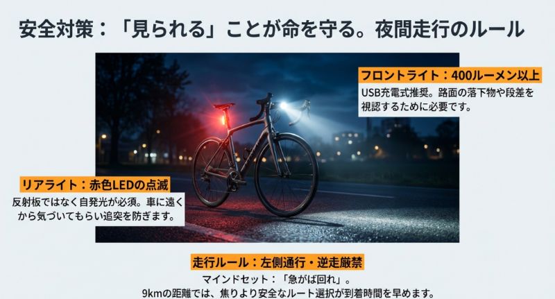 フロントライト400ルーメン以上、リアライトは赤色LED点滅を推奨する図。左側通行・逆走厳禁といった走行ルールの徹底を呼びかけ。