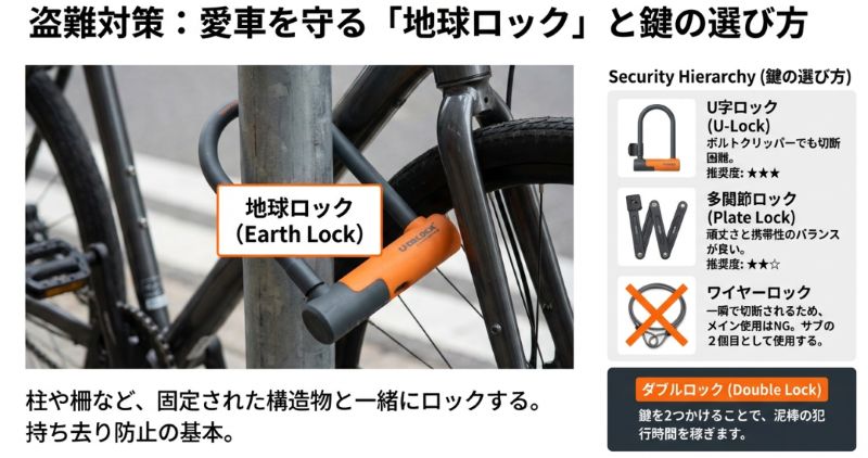 電柱などに車体を固定する「地球ロック」の推奨写真。U字ロック（星3）、多関節ロック（星2）、ワイヤーロック（星1・サブ用）のセキュリティ比較。