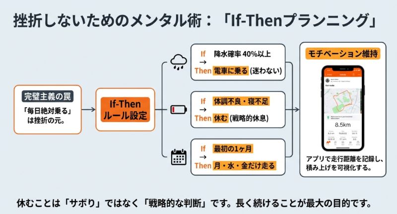降水確率40%以上なら電車、体調不良なら休むといった具体的なIf-Thenルールの例。アプリで走行距離を記録し、積み上げを可視化する重要性を図解。