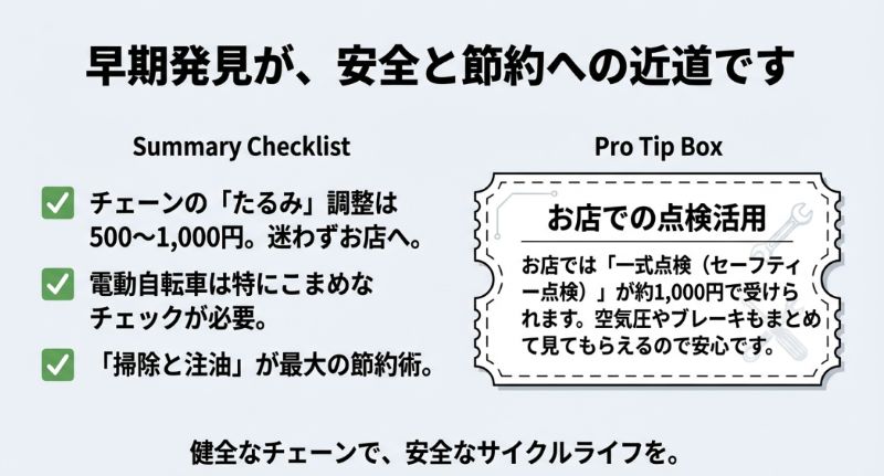 チェーン調整は500円〜1,000円でお店に任せること、電動自転車はこまめなチェックが必要なこと、「掃除と注油」が最大の節約術であることをまとめたチェックリスト。1,000円程度の「一式点検」活用も推奨。